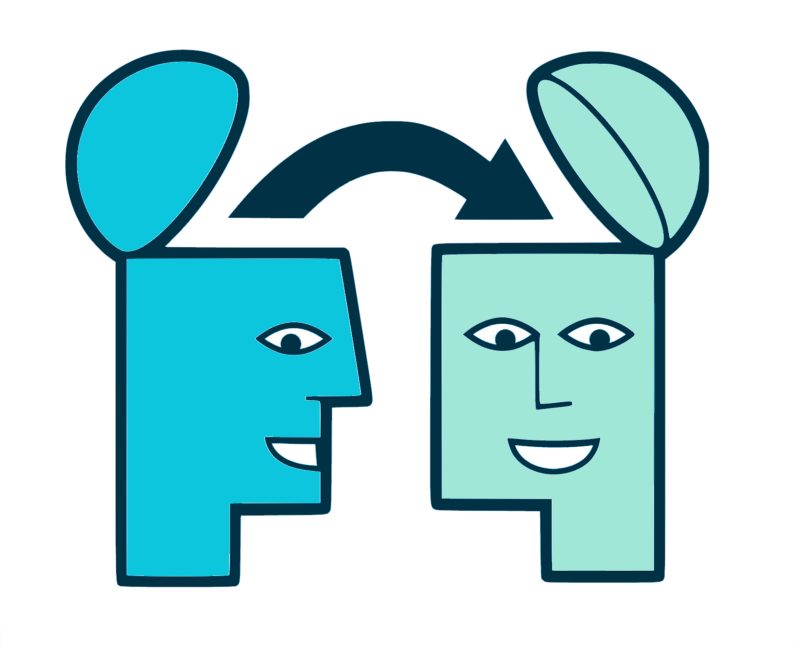 An illustration of two heads with the top of each head ajar. An arrow points from the inside of one head to the inside of the second head.