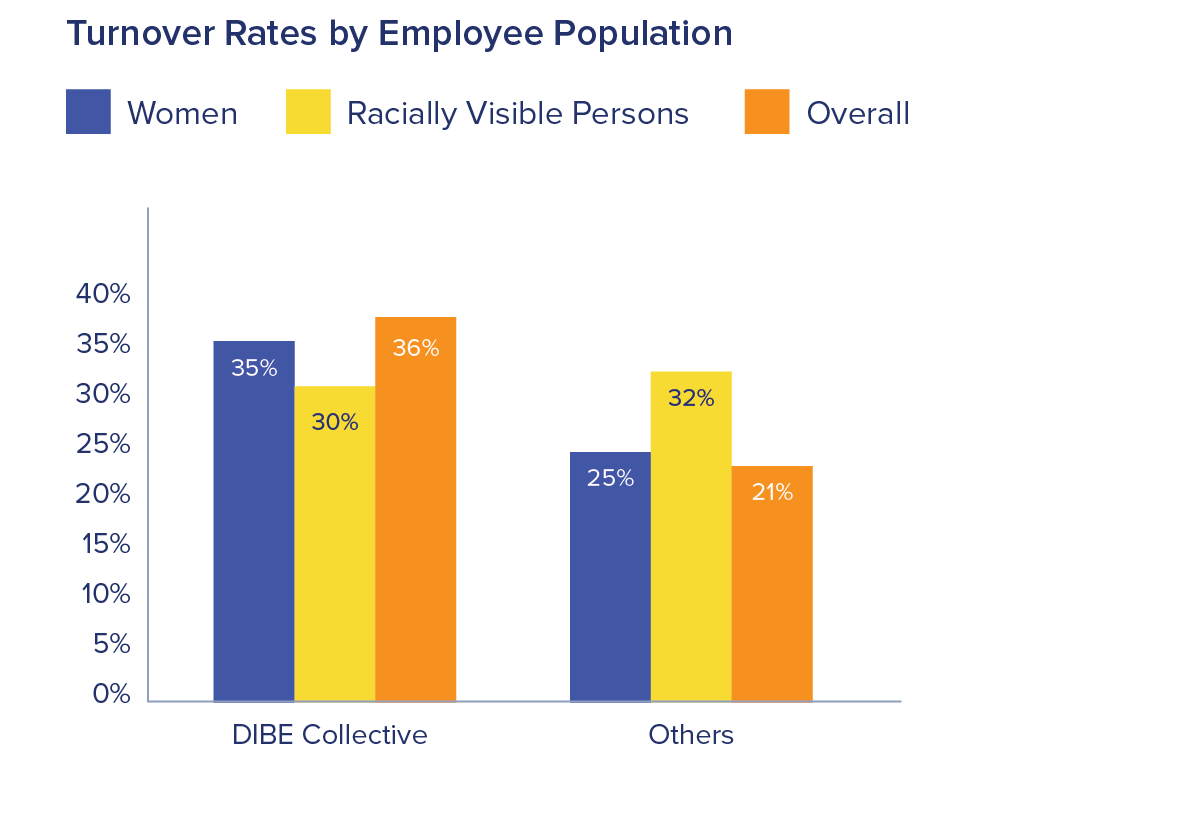 Turnover Rates by Employee Population. 

DIBE Collective - 35% for women, 30% for racially visible persons, 36% overall. 

Others - 25% for women, 32% for racially visible persons, 21% overall 