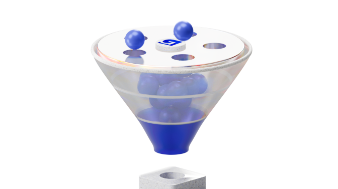 A funnel filled with blue balls and two blue balls exited the funnel