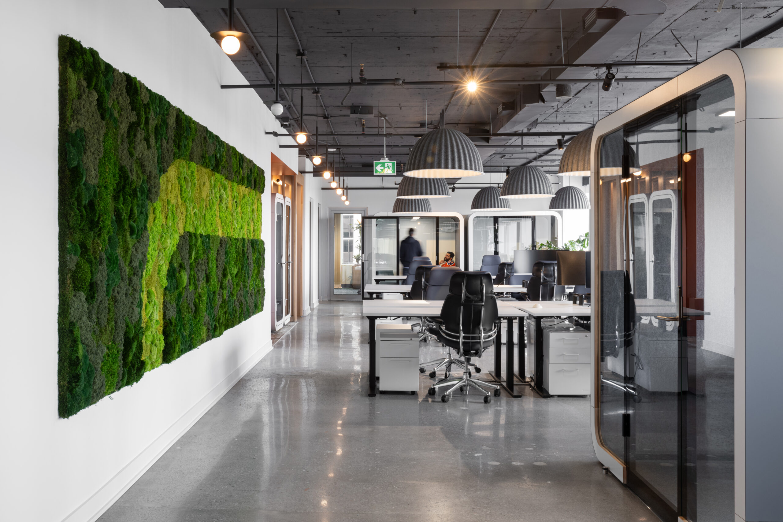 A photo of working space at the office with live moss wall on the left side