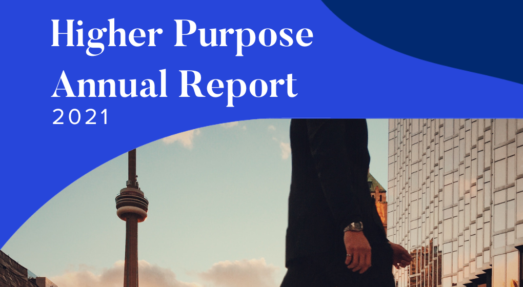 A cover photo graphic of 2021's purpose report where a person is walking and the CN tower is in the background